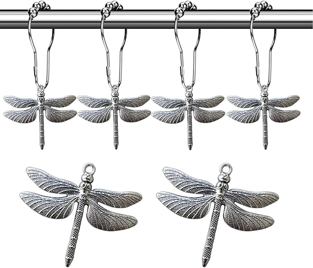 Dragonfly Bathroom Shower Curtain Hooks - Rust Proof Shower Curain Rings,Decorative Bathroom Accessories Set, Natural Forest Garden Country Farm Theme Bathroom Decor, 12PCS