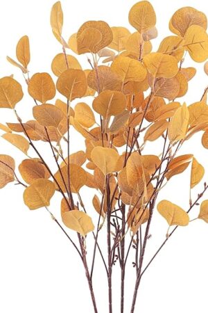 4Pcs Artificial Eucalyptus Leaves Stems 33.8‘’ Eucalyptus Branches Orange Fake Fall Flowers for Home Fireplace Farmhouse Party Wedding Table Bathroom Autumn Décor