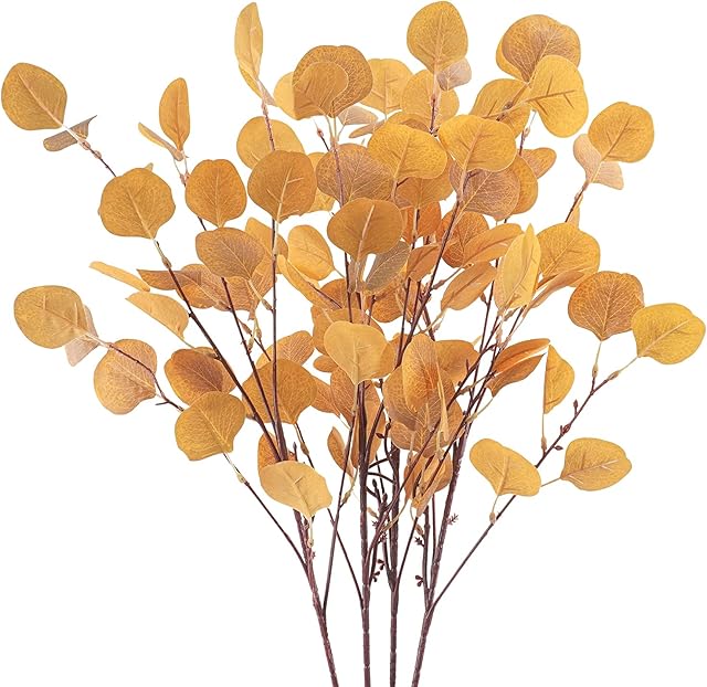 4Pcs Artificial Eucalyptus Leaves Stems 33.8‘’ Eucalyptus Branches Orange Fake Fall Flowers for Home Fireplace Farmhouse Party Wedding Table Bathroom Autumn Décor