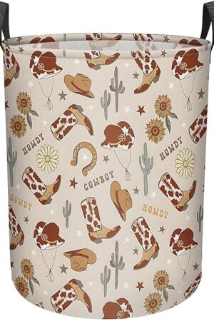 Western Cowboy Cactus Laundry Basket for Boy, Large Canvas Collapsible Organizer Storage Laundry Hamper Basket for Nursery,Office,Toy Organizer,Home,Decor - 19.7" X 15.7 "