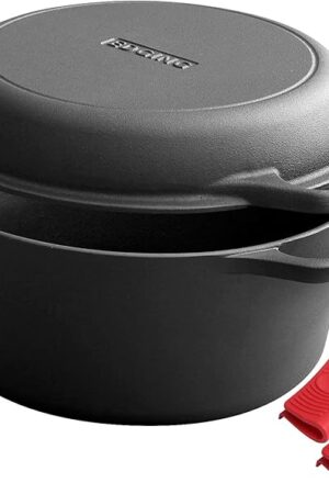 2-in-1 Pre-Seasoned Cast Iron Dutch Oven Pot with Skillet Lid Cooking Pan, Cast Iron Skillet Cookware Pan Set with Dual Handles Indoor Outdoor for Bread, Frying, Baking, Camping, BBQ, 5QT