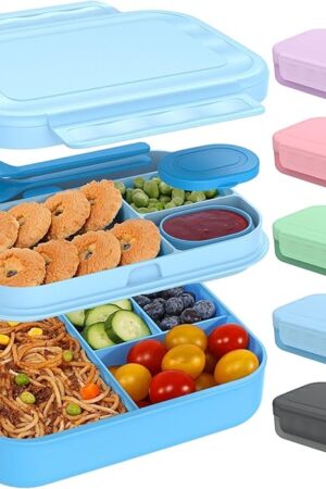 Caperci Bento Box for Kids - Stackable Leakproof Multiple Compartments 5.8 Cups Bento Lunch Box for Adults with Sauce Container - Idea for School, On-the-go, Built-in Utensil Set, BPA Free (Blue)