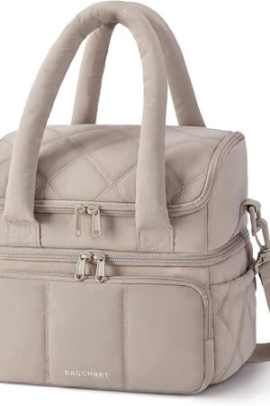 BAGSMART Lunch Bag Women, Double Deck Insulated Lunch Box, Quilted Puffer Lunch Tote, Leakproof, Durable & Reusable Large Lunch Cooler For Work Picnic Travel Meal Prep, Camel