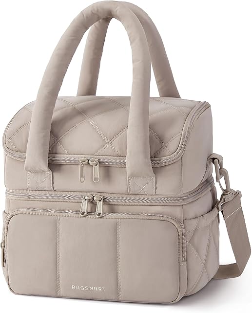 BAGSMART Lunch Bag Women, Double Deck Insulated Lunch Box, Quilted Puffer Lunch Tote, Leakproof, Durable & Reusable Large Lunch Cooler For Work Picnic Travel Meal Prep, Camel