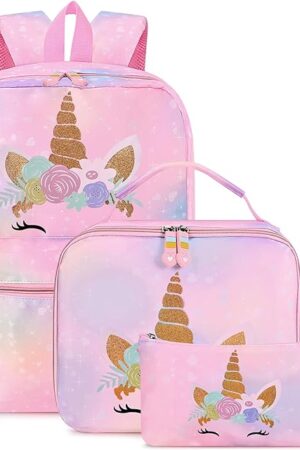 Cokouchyi 3 Pcs Kids Backpack Set with Lunch Box & Pencil Case, Lightweight Preschool Backpack for Girls Age 3-8, Kids Book bag Elementary, Unicorn