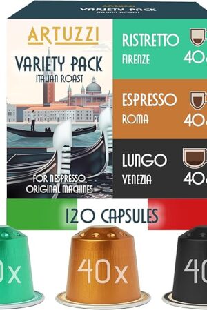 Artuzzi 120ct Compatible Nespresso Coffee Pods For Nespresso Original Machines | Espresso Ristretto Lungo Coffee Capsules | Espresso Variety Pack I Aluminum & Recyclable