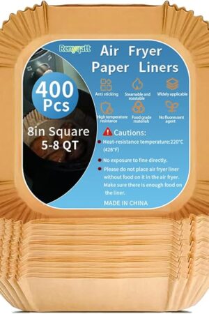 400Pcs 8 Inch Air Fryer Paper Liners Disposable,Square Non-Stick & Oil-Proof Parchment Paper Liners for 5-8 QT Air Fryer,Unbleached Airfryer Liners for Baking,Roasting,and Microwave