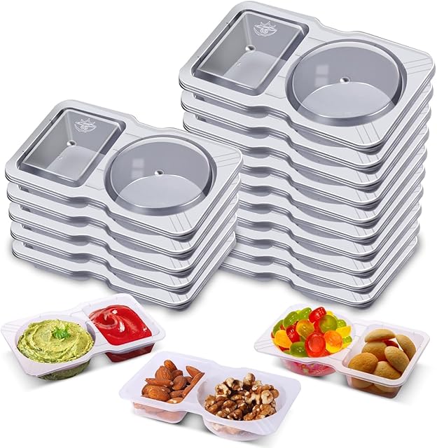 15 Sets Snack Containers, Reusable Double Compartment Condiment With Lids 2 Portion Snack Containers Sauces Dip, Disposable Box to Grab and Go with Prep For Adults, On The Go For Kids