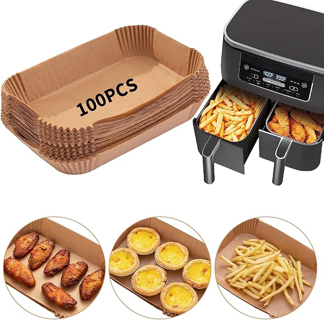 Air Fryer Disposable Paper Liner, 100PCS Food Grade Parchment Liners for Ninja DZ201,Ninja Foodi Dual Air Fryer Accessories Baking Paper (9 * 6, Natural)
