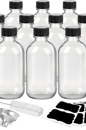 12 Pack 2oz Clear Glass Shot Bottles with Caps and Funnels-Leakproof Mini Jars for DIY Decoration Indoor Floral Arrangements, Windowsill Hydroponics
