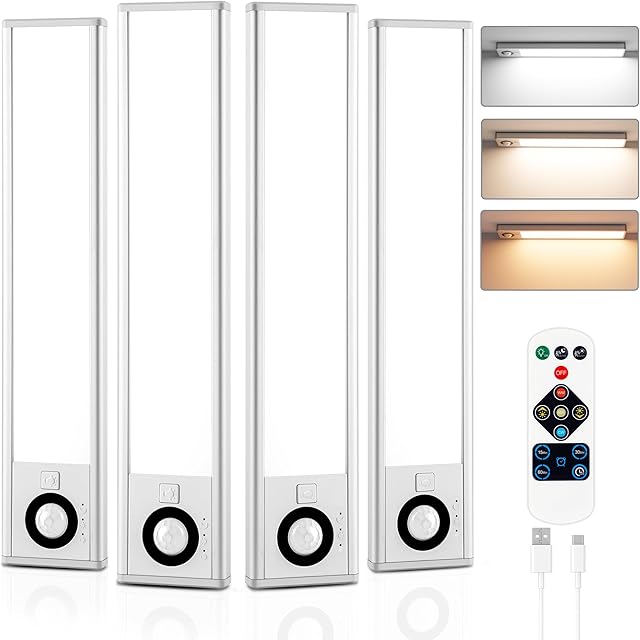 44-LED Motion Sensor Under Cabinet Light, Remote Control 3 Color Temperature Dimmable Rechargeable Magnetic Closet Light Bar, 4-Pack