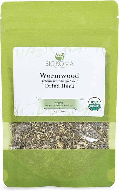 Biokoma Pure and Organic Wormwood Dried Herb 50g (1.76oz) In Resealable Moisture Proof Pouch, USDA Certified Organic - Herbal Tea, No Additives, No Preservatives, No GMO, Kosher