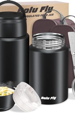 2 Pack Soup Thermo for Hot Food for Adults, Insulated Food Jar, Stainless Steel Vacuum Thermal Lunch Box Containers with Carry Bag and Spoon (18.5oz, 27oz) (Black)
