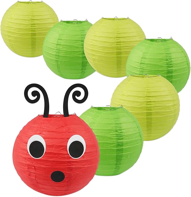 7PCS Caterpillar Paper Lanterns Red Green Paper Lanterns with Eyes Mouth for School Classroom Decoration Birthday Party Decoration (10in x10in )