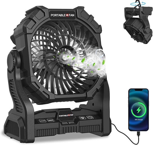 30000mAh Portable Misting Fan & Power Bank - 18H Camping Fan with RGB Lights, 250mL Tank, Hanging Hook, USB Output for Indoor Outdoor Cooling