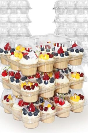 12 Count x 12 Sets Plastic Cupcake Containers, Durable and BPA-Free Cupcake Holder with Lid for Easy Transport Storage, Stackable Clear Cupcake Carriers, Reusable Dessert Boxes