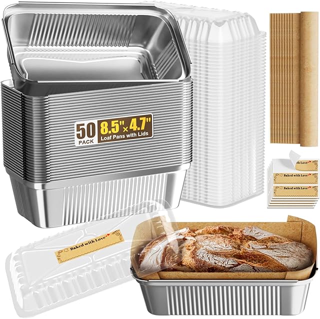50 Pack Aluminum Loaf Pans with Lids Stickers and Parchment Paper Sheets,2.4Lb Heavy Duty Aluminum Foil Premium Bread Tins - 8.5" X 4.7" X 2.2" Disposable Baking Pans