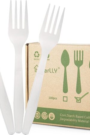 Compostable Fork,100 Biodegradable Silverware for Party,Large Disposable Utensils Eco Friendly Durable and Heat Resistant,Alternative to Plastic Fork