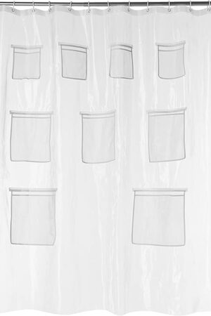 Amazon Basics 8-Gauge PEVA Shower Curtain or Liner with Mesh Storage Pockets - 72" x 72", Clear