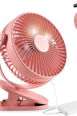 Clip on Fan Rechargeable, 8-Inch Battery Operated Desk Fan, USB Fan, 5Speeds, Strong Airflow, Sturdy Clamp for Golf Cart Office Desk Outdoor Travel Camping Tent Gym Treadmill,Pink