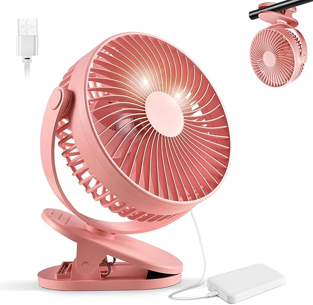 Clip on Fan Rechargeable, 8-Inch Battery Operated Desk Fan, USB Fan, 5Speeds, Strong Airflow, Sturdy Clamp for Golf Cart Office Desk Outdoor Travel Camping Tent Gym Treadmill,Pink