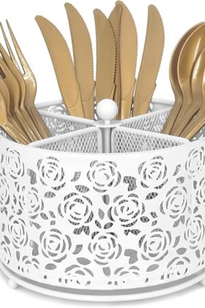 360° Rotating Metal Silverware Caddy - 4 Compartment Utensil Cutlery Holder Fork Spoon Napkin Organizer Flatware Storage Basket Party Countertop Buffet Picnic Camping Outdoor (White)