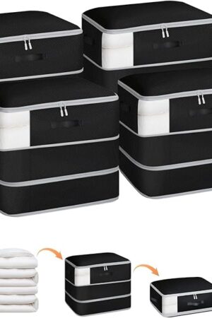 4 Pack Compression Storage Bags - 110L Large Capacity Comforter Storage Bag, 3-Layer Washable Ultra Space Saving Self Compression Organizer Space Bags for Blanket, Sweater, Sheet, Black