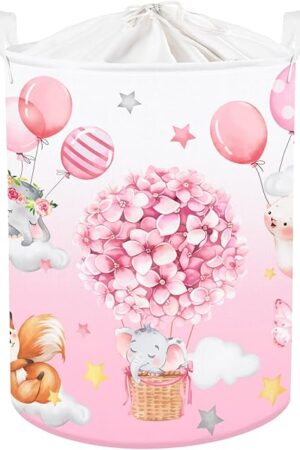 Clastyle 45L Hot Air Balloon Animal Laundry Basket Blooming Flowers Balloon Baby Nursery Basket Elephant Fox Bunny Basket Toy Clothes Pink Storage Basket for Girl Room Decor