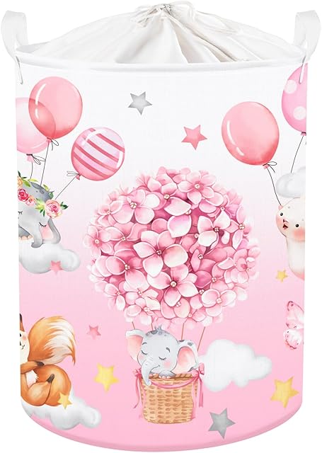 Clastyle 45L Hot Air Balloon Animal Laundry Basket Blooming Flowers Balloon Baby Nursery Basket Elephant Fox Bunny Basket Toy Clothes Pink Storage Basket for Girl Room Decor