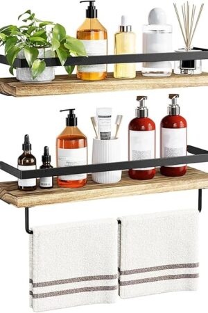 AMADA HOMEFURNISHING Bathroom Shelves with Towel Bar, Floating Shelves, Wall Shelves for Bathroom/Living Room/Kitchen/Bedroom, Light Brown Shelves Set of 2 - AMFS01