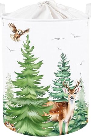 Clastyle 45L Large Green Pine Tree Deer Owl Kid Laundry Hamper with Handle Collapsible Forest Hedgehog Raccoon Clothes Toy Storage Basket with Lid for Nursery