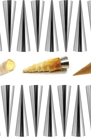 20Pcs Large Conical Cream Horn Molds, Non-stick Cream Horn Molds Stainless Steel, 5 inch Large Size Cannoli Tubes Kit Pack of Baking Cones Pastry Roll Horn Croissant Mold With brush