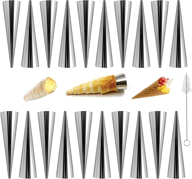 20Pcs Large Conical Cream Horn Molds, Non-stick Cream Horn Molds Stainless Steel, 5 inch Large Size Cannoli Tubes Kit Pack of Baking Cones Pastry Roll Horn Croissant Mold With brush