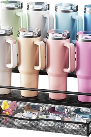 Water Bottle Organizer for Full Stanley 40 oz Tumbler with Handle, 2 Tier Tumbler Organizer for 8 Cups, Kitchen Pantry Organizers and Storage for Owala Stanley Cup Accessories, Black