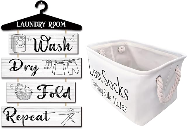 Rustic Laundry Room Set Combination - Lost Socks Basket and Wall Hanging Sign Decor with Wash, Dry, Fold, Repeat Symbols, Farmhouse Laundry Room Decor and Accessories