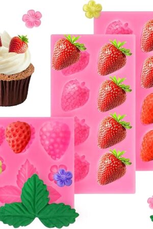 3 Pcs Strawberry Mold 3D Baking DIY Silicone Fruit Fondant Chocolate Mold for Cupcake Shortcake Cake Topper Decoration Candy Jelly Clay