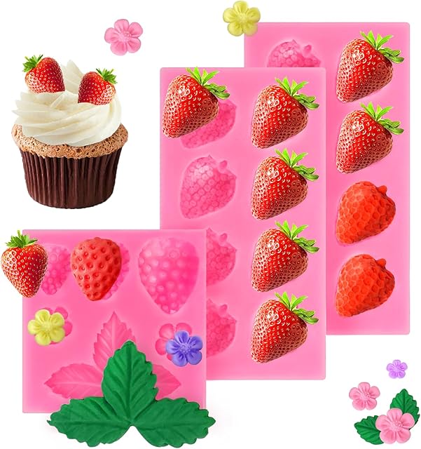 3 Pcs Strawberry Mold 3D Baking DIY Silicone Fruit Fondant Chocolate Mold for Cupcake Shortcake Cake Topper Decoration Candy Jelly Clay
