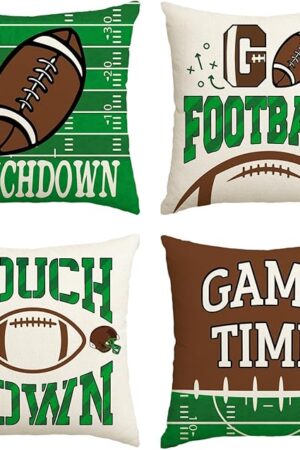 AVOIN colorlife Football Game Time Throw Pillow Covers, 18 x 18 Inch American Football Game Cushion Case for Sofa Couch Set of 4
