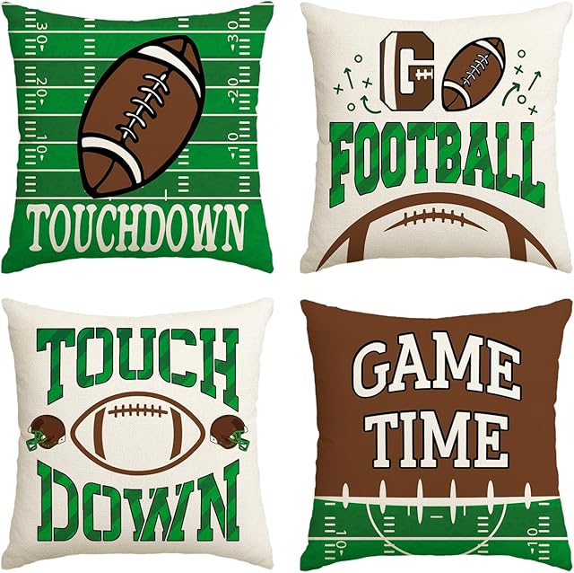 AVOIN colorlife Football Game Time Throw Pillow Covers, 18 x 18 Inch American Football Game Cushion Case for Sofa Couch Set of 4