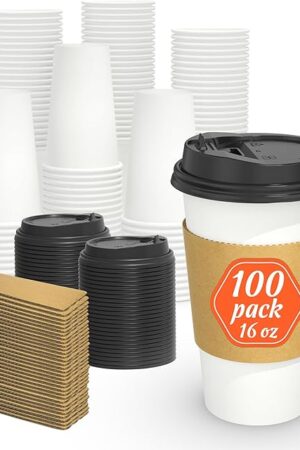 100 Pack 16 oz Disposable Coffee Cups with Lids and Sleeves, Sturdy Thick Paper & Leak-free Insulated to Go Paper Hot Coffee Cups for Hot & Cold Beverage