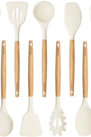 CAROTE Silicone Cooking Utensils Set, Kitchen Utensils Set 10 Pcs for cooking, BPA Free Spatula Set with Heat Resistant Wood Handles for Nonstick Cookware (Cream White)