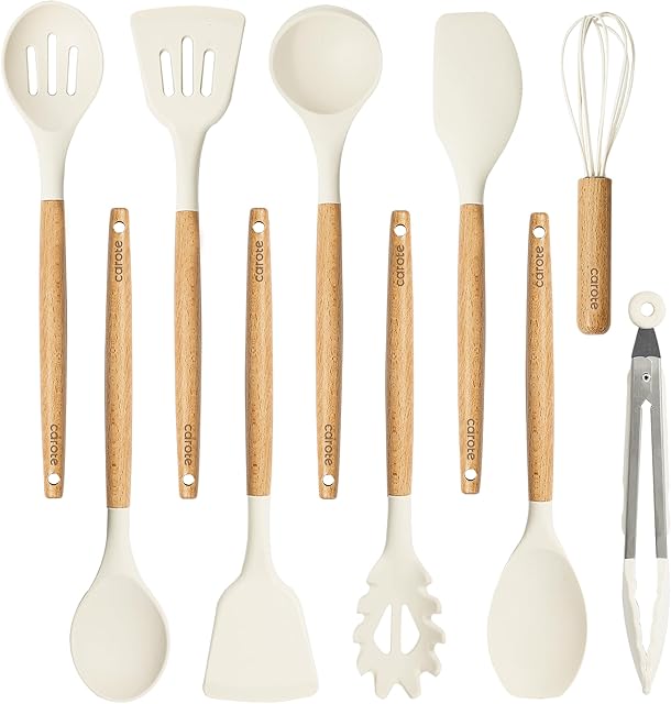 CAROTE Silicone Cooking Utensils Set, Kitchen Utensils Set 10 Pcs for cooking, BPA Free Spatula Set with Heat Resistant Wood Handles for Nonstick Cookware (Cream White)