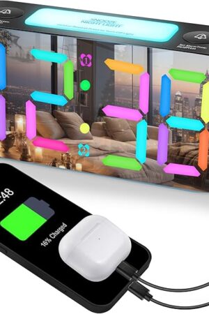 Dynamic RGB Mirror Alarm Clock for Bedroom, 15-Color Mode/7" Large LED Screen/3 Dimmer + OFF,7 Color Nightlight,2 USB Phone Charger,5-Level Loud Alarm,12/24H,Plug in Rainbow Clock for Kid Deep Sleeper