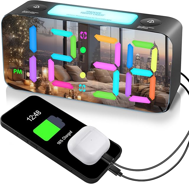 Dynamic RGB Mirror Alarm Clock for Bedroom, 15-Color Mode/7" Large LED Screen/3 Dimmer + OFF,7 Color Nightlight,2 USB Phone Charger,5-Level Loud Alarm,12/24H,Plug in Rainbow Clock for Kid Deep Sleeper