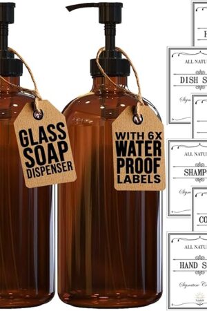 16 OZ Thick Amber Glass Soap Dispenser with Plastic Pump 2 Pack, Hand and Dish Soap Dispenser Set for Bathroom with 6 Waterproof Labels