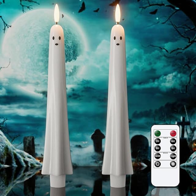 Eldnacele Flameless Flickering Ghost Taper Candles with Remote and Timer, Battery Operated Real Wax White Spooky Ghost Face LED Candles Set of 2 Fireplace Horror Halloween Holiday Decor(D0.79×H9.5)