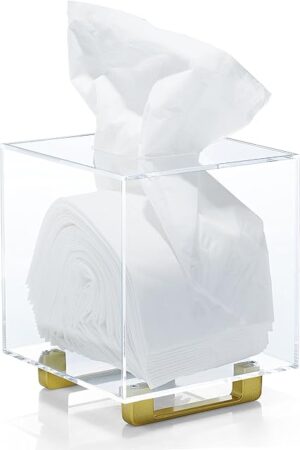 YoBa Thick Clear Acrylic Square Tissue Box Holder with Gold Plated Aluminum Legs for Bathroom, Kitchen, Bedroom, Office, Hotels and Restaurant