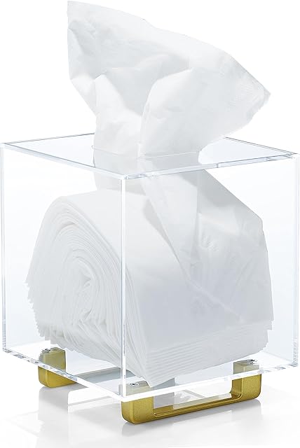 YoBa Thick Clear Acrylic Square Tissue Box Holder with Gold Plated Aluminum Legs for Bathroom, Kitchen, Bedroom, Office, Hotels and Restaurant