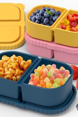 3 Pack Reusable Silicone Snack Containers with Lids, Mini Containers 2 Compartments, Portable Silicone Food Storage Box for Picnic, School, Office (3)