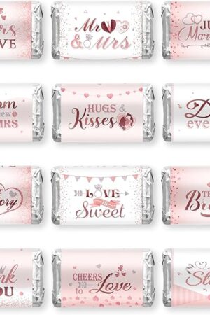 Crtiin 180 Pcs Wedding Candy Wrappers Wedding Favors Candy Sticker Pink Shower Mini Candy Bar Wrappers Chocolate Labels for Guests Party Decorations Supplies, 6 Styles, Candy Not Included